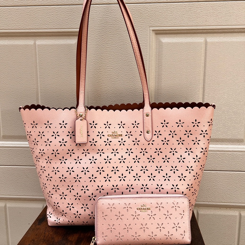 Coach Light Pink Floral City Tote & Wallet